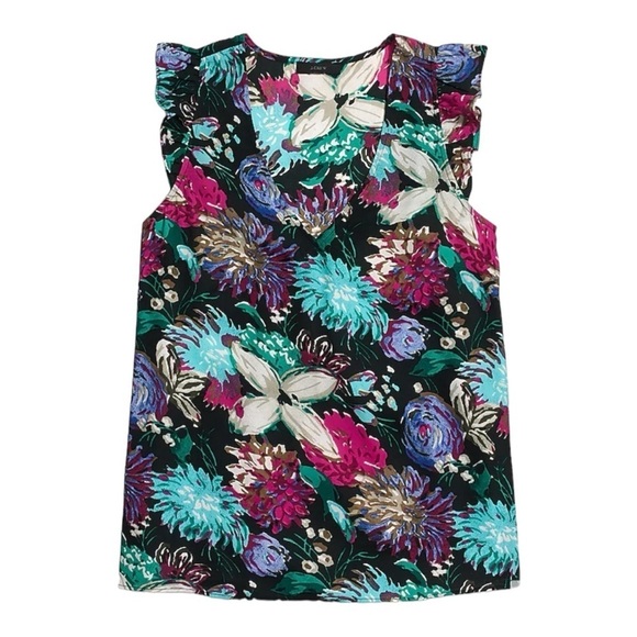 J.Crew Printed Black Turquoise Pink Floral Ruffle Sleeve Pullover Top NWOT - Picture 1 of 13